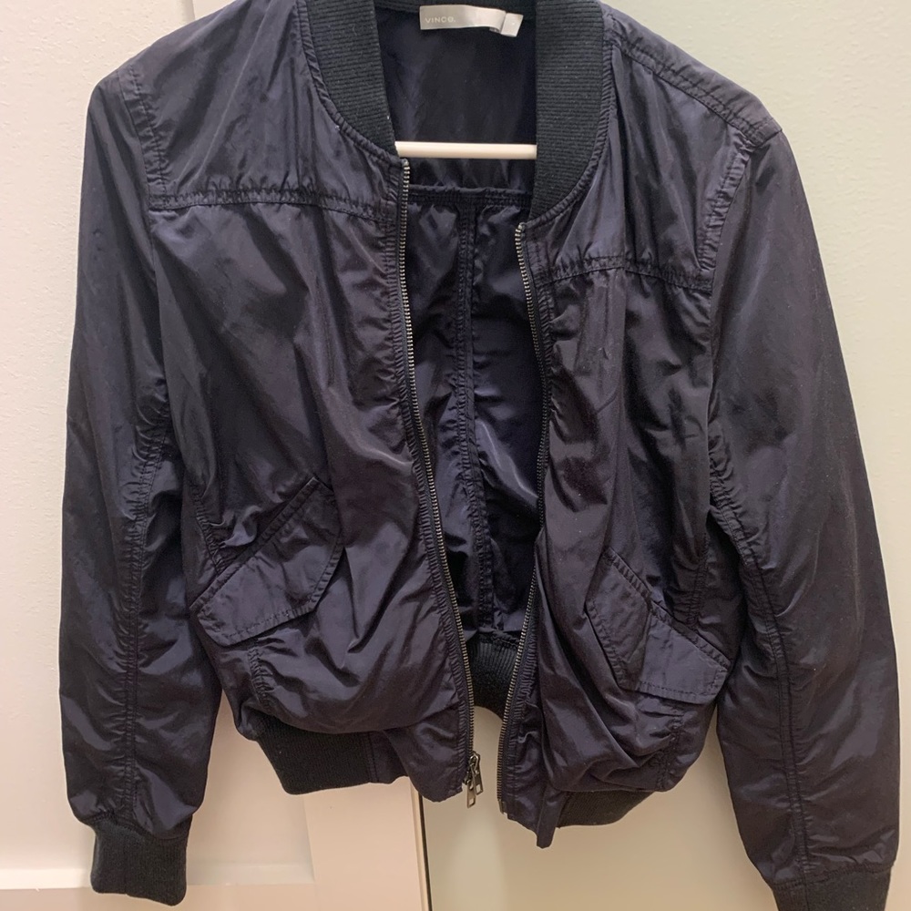 Vince Washed Shrunken Bomber Jacket Zip Navy Blue S